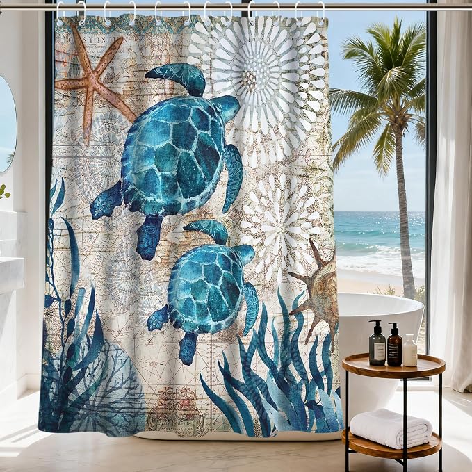 Cute Rustic Ocean Shower Curtain, Nautical Beach Coastal Sea Turtles Shower Curtains for Bathroom, Waterproof Bath Curtain with Hooks Machine Washable Bathtub Curtains 72x78 Inch Blue Teal