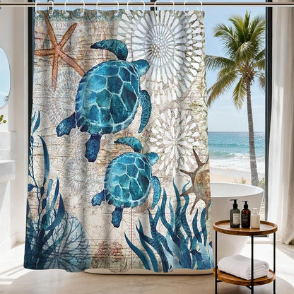 Cute Rustic Ocean Shower Curtain, Nautical Beach Coastal Sea Turtles Shower Curtains for Bathroom, Waterproof Bath Curtain with Hooks Machine Washable Bathtub Curtains 72x78 Inch Blue Teal
