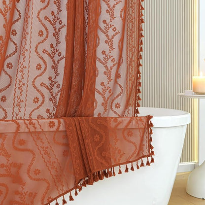 WAZZIO Bunrt Orange Lace Shower Curtain for Bathroom 72" W x 84" L, Victorian Farmhouse Floral Pattern Tassel Fancy Shower Curtain Boho Washable Cloth Decorative Bath Curtains,1 Panel