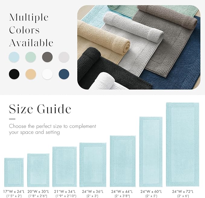 Madison Park Splendor Reversible 100% Cotton Bath Runner, 24 x 60, Blue | Tufted Bathroom Rug, 3000 GSM, Hotel Quality, Luxurious Plush, Medium Pile, Absorbent, Quick Dry, OEKO-TEX, Shower Room Décor