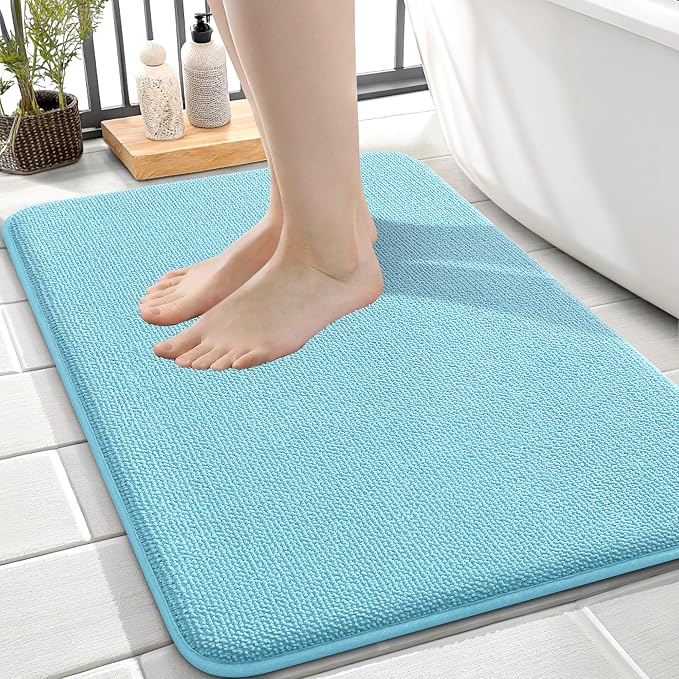 OLANLY Memory Foam Small Bathroom Rugs 24x16, Absorbent Bath Mat, Sky Blue | Soft Quick Dry Bath Rugs, Non-Slip Carpet, Machine Washable Mat for Bathroom Floor, Tub and Shower, Home Decor Accessories