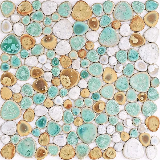 Turquoise Ceramic Pebble Mosaic Tile Sheet Shower Floor Backsplash 5 Sq Ft | Crystal Glazed Porcelain, River Stone Look, Water Resistant for Bathroom Decor, Fireplace Surround and Accent Walls