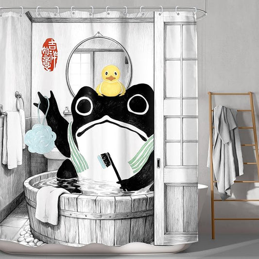 LGhtyro Funny Frog Shower Curtain Bathroom Set 60Wx71H Inches Traditional Asian Style Japanese Art Rubber Duck Wooden Cute Animal Bath Accessories Retro Black Art Home Decor Fabric 12 Pack Hooks