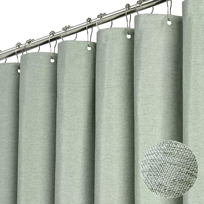 Long Linen Textured Waterproof Shower Curtain Set, 72x84, Sage Green | Tall Size, 230GSM Polyester, Heavy Duty Cloth, Weighted Hem, 12 Plastic Hooks, Modern Luxury Hotel Style, Machine Washable