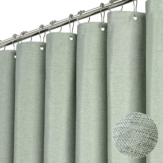 Long Linen Textured Waterproof Shower Curtain Set, 72x84, Sage Green | Tall Size, 230GSM Polyester, Heavy Duty Cloth, Weighted Hem, 12 Plastic Hooks, Modern Luxury Hotel Style, Machine Washable