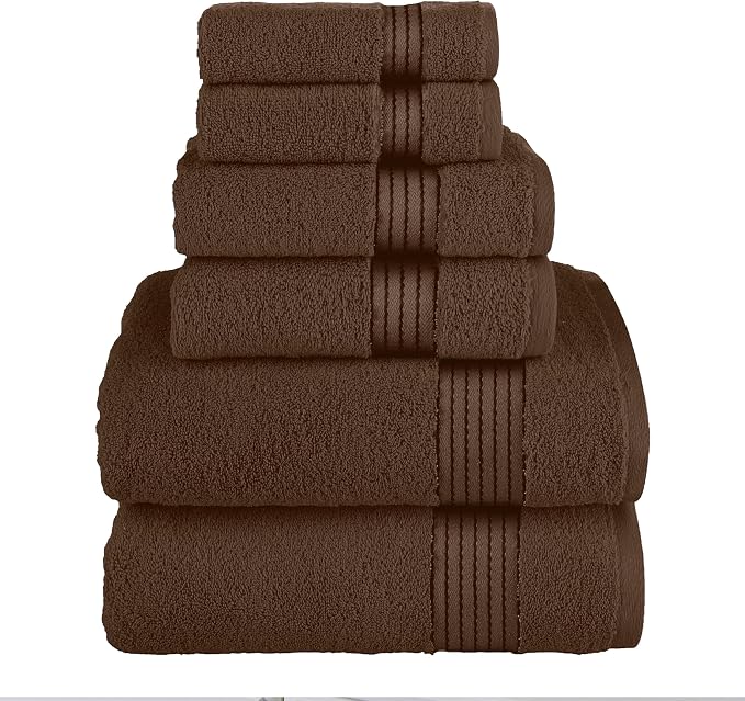 Elegant Comfort Premium Cotton 6-Piece Towel Set, Includes 2 Washcloths, 2 Hand Towels and 2 Bath Towels, 100% Turkish Cotton - Highly Absorbent and Super Soft Towels for Bathroom, Brown