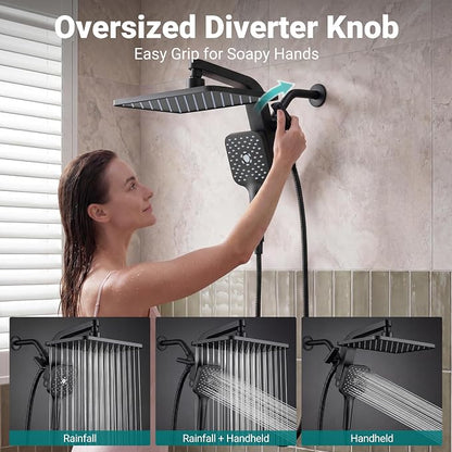 12" XXL Rainfall Shower Head with Handheld Combo Set, Matte Black | High Pressure, Magnetic Docking, Air-Infusion Tech, Anti-Leak One-Piece Design, Dual Square Showerhead