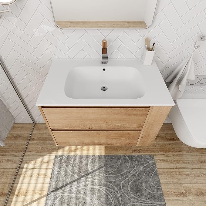 Henf 30 Inch Wall Mount Bathroom Vanity W/Sink Combo, Modern Design Vanity Cabinet with Gel Basin, Floating Mounting Bathroom Cabinet Set with 2 Drawer and Adjustable Storage Shelf, Oak