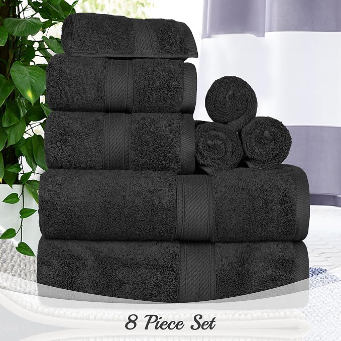 Superior Egyptian Cotton Ultra Plush & Absorbent, 8 Piece Set, Black | Quick Dry, Soft Luxury Towel Set, Bath Essentials, Guest Bath, Spa, 2 Bath, 2 Hand, 4 Face Towels, Madeline Towels
