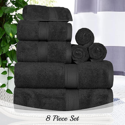Superior Egyptian Cotton Ultra Plush & Absorbent, 8 Piece Set, Black | Quick Dry, Soft Luxury Towel Set, Bath Essentials, Guest Bath, Spa, 2 Bath, 2 Hand, 4 Face Towels, Madeline Towels