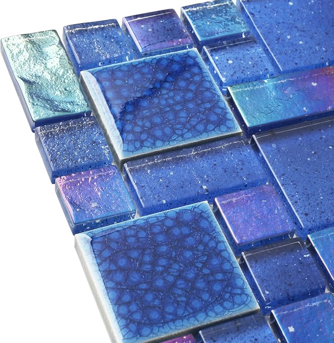 Blue Glass Mosaic Tiles French Pattern Square Mosaics Sheets Iridescent Cobalt Blue Crystal Glass Ceramic Accent Wall Tile for Swimming Pool Kitchen Bathroom Backsplash (5 Square Feet)