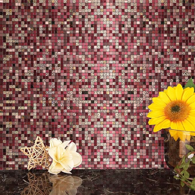 10 Sheets Peel and Stick Backsplash Tile for Kitchen, Self Adhesive wall Tiles, Stick on Bathroom Vanities, Fireplace Decor, Laundry Table (Red Mixed)