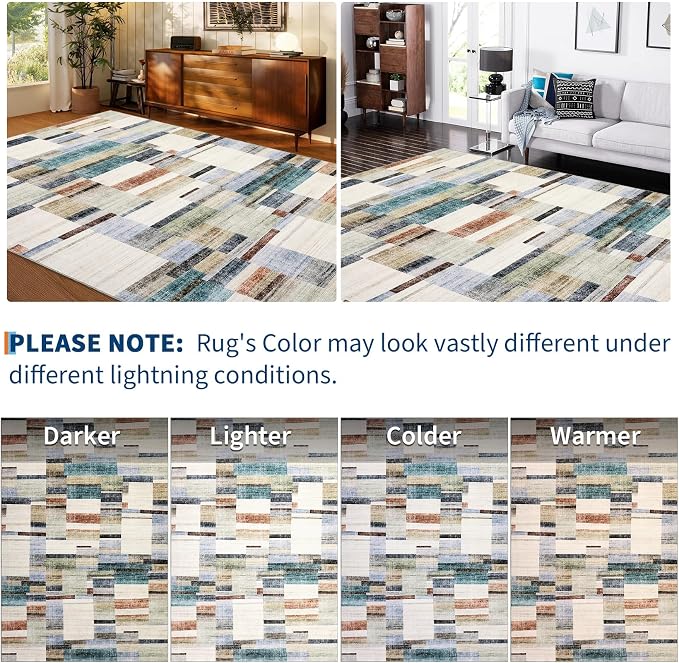 Large Living Room Rugs 8x10 Area Rugs Machine Washable Modern Geometric Neutral Rug Non Slip Low Pile Farmhouse Stain Resistant Carpet for Bedroom Nursery Classroom Dorm 8'x10' Multi