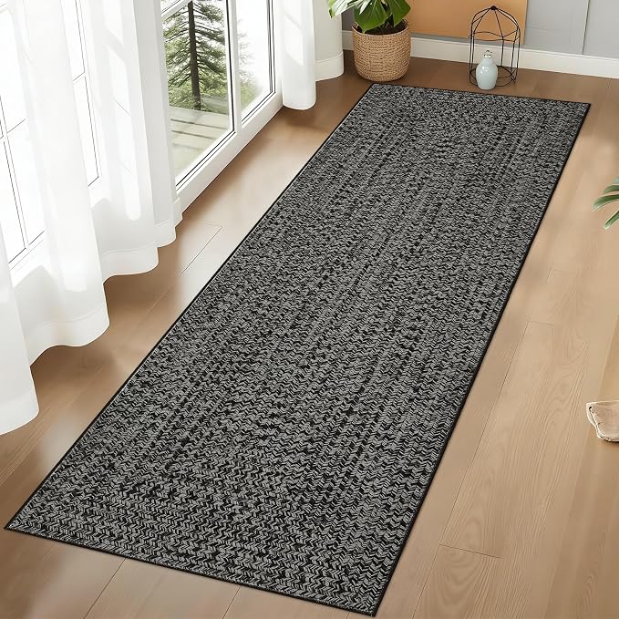 Printed Washable Rugs Runner 2x8 Rug for Living Room Bathroom Rugs Modern Imitation Braided Bedroom Rug Non Slip Bordered Kitchen Runner Stain Resistant Carpet 2'x8' Grey/Brown