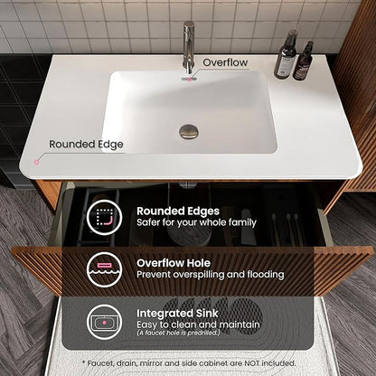 36" Bathroom Vanity with Sink, Modern Floating Vanity with Push Open Soft Close Drawer, Large Storage for Bathroom, Hotel, Walnut, Fully Assembled - Camellia Collection