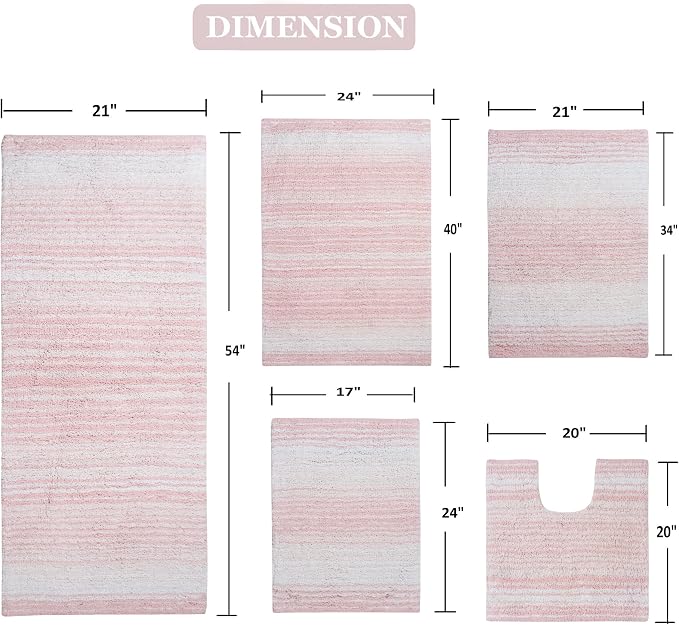 Home Weavers 100% Cotton Gradiation Collection Bathroom Décor | Washable Rug | Bathroom Mat | Kitchen Mat | Bathroom Rug Set | Bath Mat Set | Bath Floor Mat Non Slip, 5 Piece Set with Contour, Pink