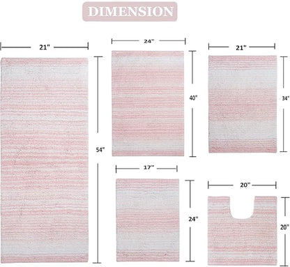Home Weavers 100% Cotton Gradiation Collection Bathroom Décor | Washable Rug | Bathroom Mat | Kitchen Mat | Bathroom Rug Set | Bath Mat Set | Bath Floor Mat Non Slip, 5 Piece Set with Contour, Pink