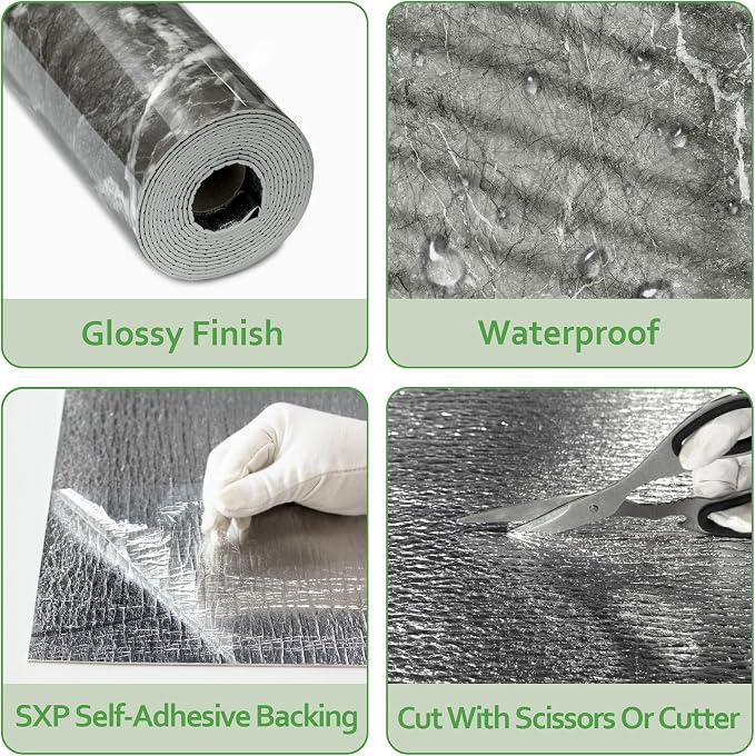 Marble Peel and Stick Waterproof Wall Paneling, 118" x 47" Bardiglio Grey Glossy Finish Self-Adhesive Backsplash Tile Vinyl Wall Panel for Kitchen Bathroom Wall Decor, Covers 38.75 Sq. Ft.