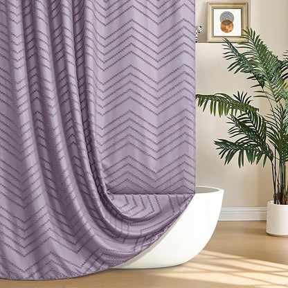 Siiluminisoy Extra Long Boho Shower Curtain - Purple Woven Fabric, 72 x 84, Tufted Chevron Striped, Modern Chic Textured Minimalist