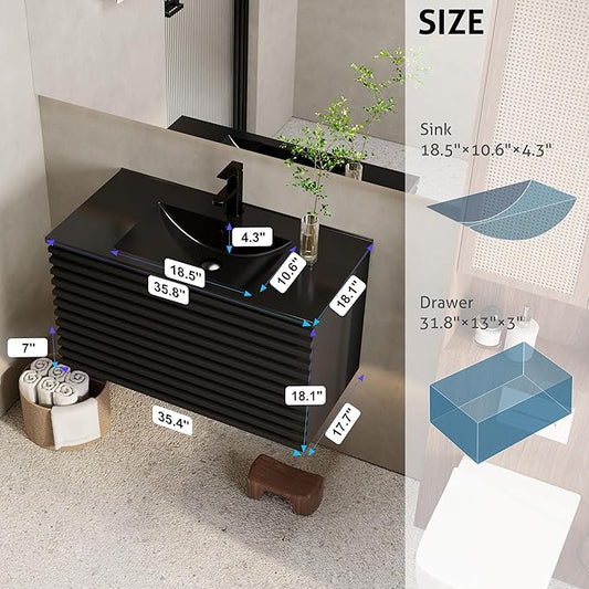 eclife 36" Floating Bathroom Vanity with Sink Combo, Mid-Century Wall Mounted Cabinet with Wood Stripes Decor, Drawers, Undermount Single Black Sink, Faucet, Drain, Black
