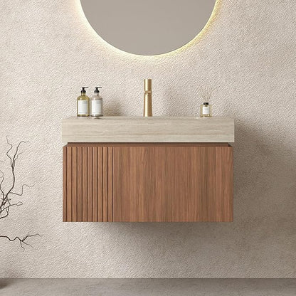 Bathroom Vanity with Sink 30 Inch, Floating Bathroom Vanity Sink Cabinet with Drawer and Door, Undermount Sink & Travertine-Pattern Sintered Stone Top, Pre-Assembled,Brown Oak