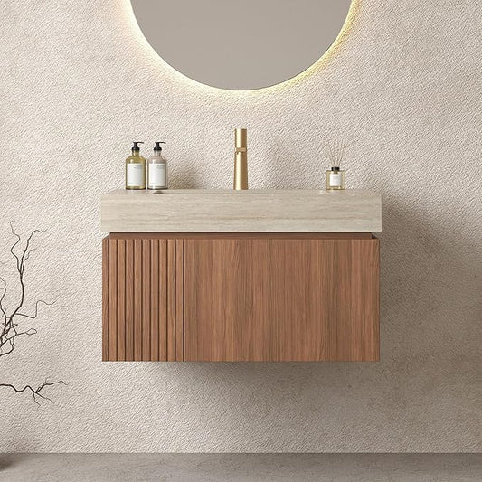 Bathroom Vanity with Sink 30 Inch, Floating Bathroom Vanity Sink Cabinet with Drawer and Door, Undermount Sink & Travertine-Pattern Sintered Stone Top, Pre-Assembled,Brown Oak