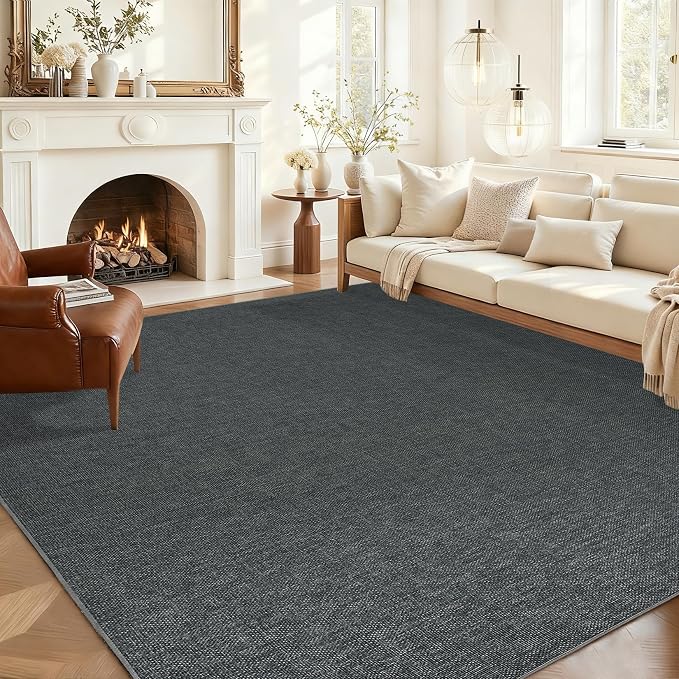 Garvee Modern Solid Washable Rug 8x10 Area Rugs for Living Room Charcoal | Woven Textured Ultra-Thin Rug Non Slip Non-Shedding Indoor Floor Mat Foldable Farmhouse Carpet for Bedroom Office Dining Room