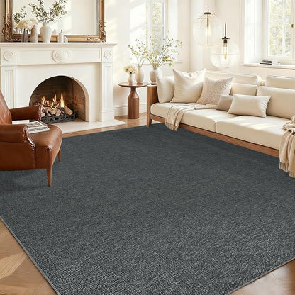Garvee Large Area Rug 10x13 Modern Solid Washable Rug Non Slip Charcoal | Woven Textured, Ultra-Thin Neutral Minimalist Non-Shedding Floor Cover Indoor Foldable Mat for Living Room Bedroom Office