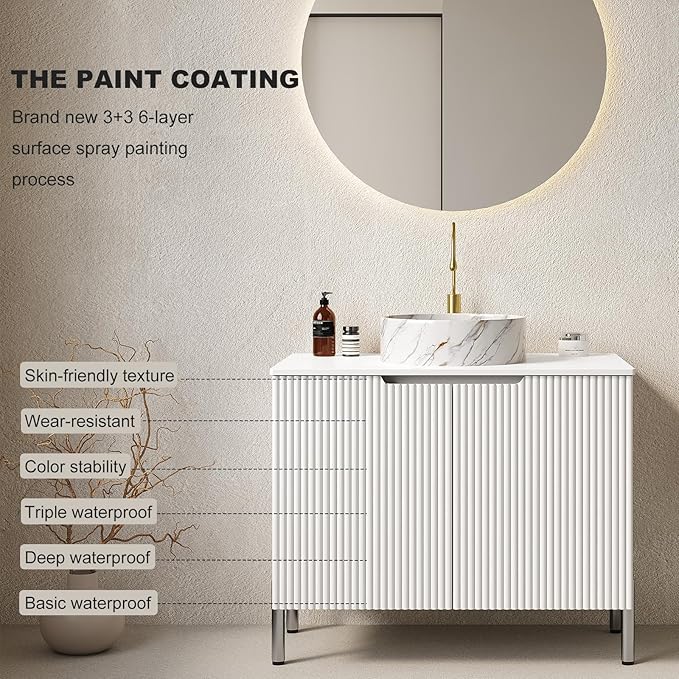 30-Inch Bathroom Vanity with Sink, Freestanding Bathroom Vanities with Marble Ceramic Basin and Sintered Stone Countertop, Soft Closing Door, Modern Bathroom Cabinet, White
