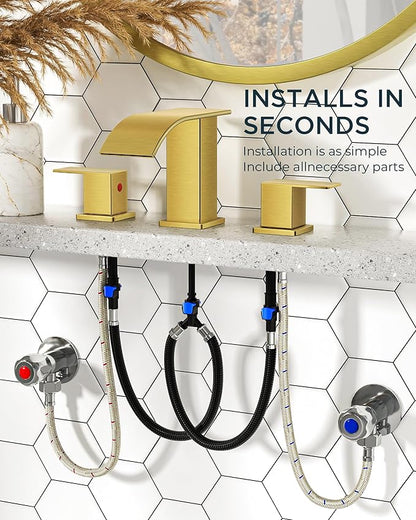 FORIOUS Brushed Gold Bathroom Faucets 3 Hole, Waterfall Square 8 Inch Widespread Bathroom Sink Faucet with Metal Pop-up Drain and Supply Lines, Two Handles for Vanity, Bath, Farmhouse
