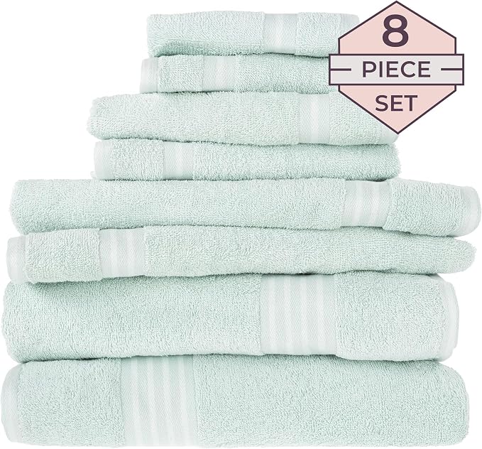 Lavish Home 8PC Bathroom Towels Set - 575GSM 100% Cotton Bathroom Essentials with 2 Bath Towels, 2 Hand Cloths, 2 Wash Cloths, and 2 Fingertip Fabric for Shower, Gym, Dorm and Spa (Seafoam)