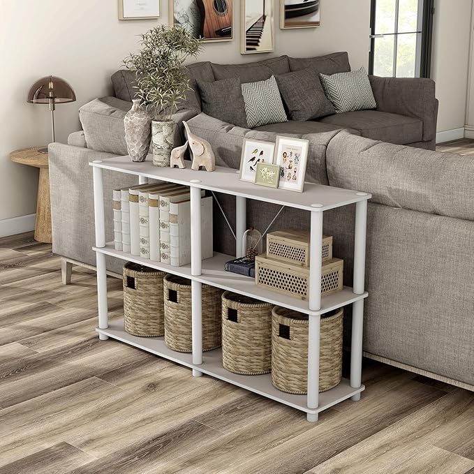 Homes: Inside + Out Apexa Modern 3-Tier Extra Wide Shelving Units, Collectibles Display Shelves, Easy Assembly Console Table, Home Storage Organizer for Living Room, Bedroom, Office, Taupe Grey
