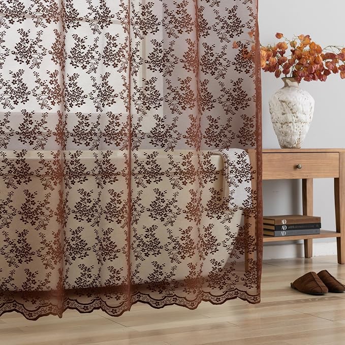 TUDECO Lace Brown Shower Curtain with Attached Valance, 72 x 72 Inch | Chocolate Brown, Cottagecore, Floral Pattern, Autumn Cozy Bathroom Decor, Scalloped Edges, Soft Light, Semi- Privacy