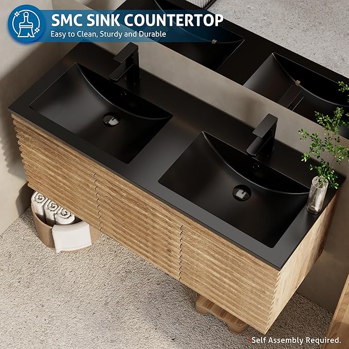 eclife 48" Floating Bathroom Vanity with Sink Combo, Mid-Century Wall Mounted Cabinet with Wood Stripes Decor, Drawers, Undermount Double Black Sink, Faucet, Drain, Light Walnut