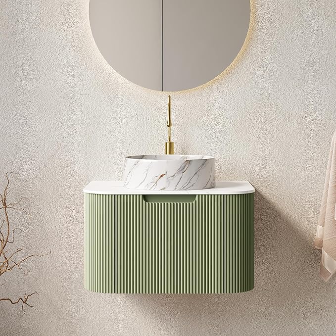 LKTART 24 Inch Floating Bathroom Vanity with Sink, Modern Wall Mounted Bathroom Storage Cabinet with Drawer, Stone Pattern Round White Ceramic Sink Top and Marble Texture Top, Green