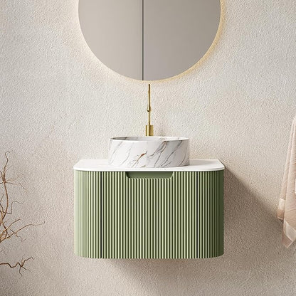 LKTART 24 Inch Floating Bathroom Vanity with Sink, Modern Wall Mounted Bathroom Storage Cabinet with Drawer, Stone Pattern Round White Ceramic Sink Top and Marble Texture Top, Green