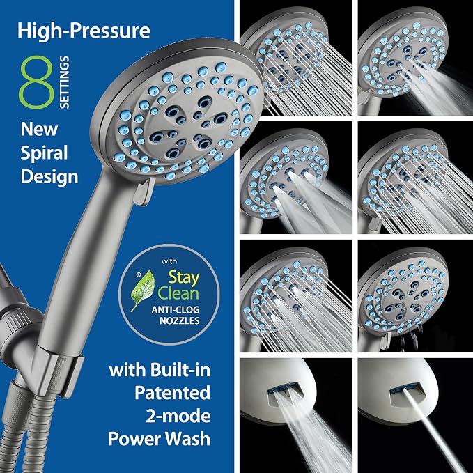 AquaCare New 8-mode High Pressure Handheld Shower Head w/ 2-way Power Wash | Stay Clean Nozzles, Dual Power Wash for Tub, Tile & Pets, Long 6 ft. Stainless Steel Hose, Wall & Overhead Brackets / Modern