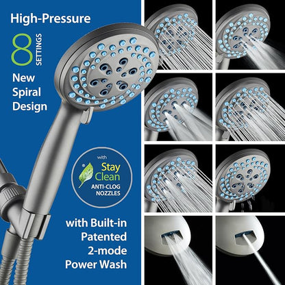 AquaCare New 8-mode High Pressure Handheld Shower Head w/ 2-way Power Wash | Stay Clean Nozzles, Dual Power Wash for Tub, Tile & Pets, Long 6 ft. Stainless Steel Hose, Wall & Overhead Brackets / Modern