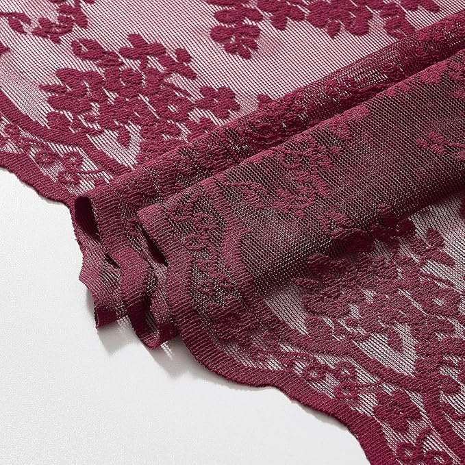 YJ YANJUN Burgundy Lace Stall Shower Curtain 36 x 72 Inch, Vintage Floral | Victorian Narrow Shower Curtain with Attached Valance, Sheer Privacy for RV, Apartment, Guest and Small Bathroom Décor 1Panel
