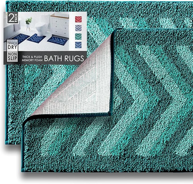 Hearth & Harbor Bathroom Rugs, Shaggy Plush Bath Mat, Ultra Soft Non Slip Backing Rubber, Chevron Design Bath Rug, Green, 2 Piece Set