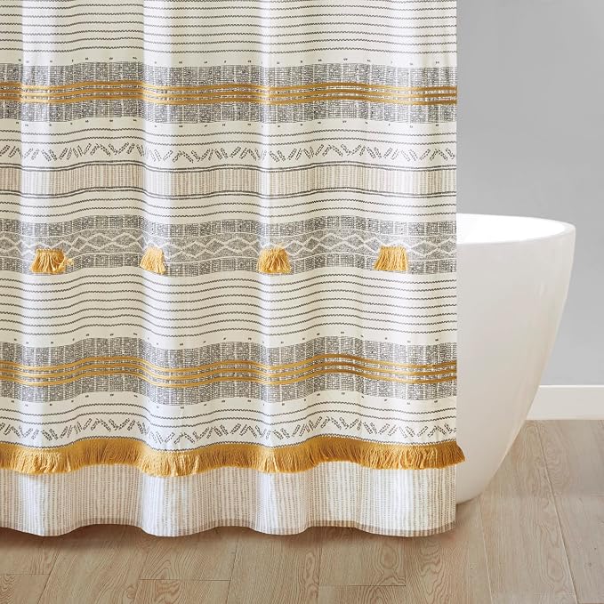 INK+IVY Cody Shower Curtain for Bathroom, Cotton, 72 x 72, Gray/Yellow | Adds Privacy, Machine Washable, Striped Pattern, Boho, OEKO-TEX Certified