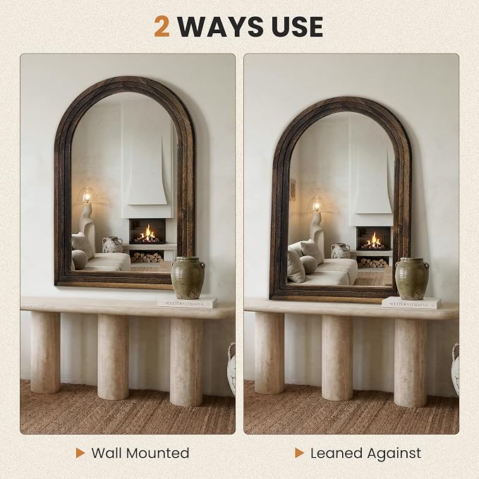 Arched Bathroom Mirror, 40"x28" Brown Wood Frame Wall Mirror | Farmhouse Vintage Vanity Mirror with Layered Frame for Entryway, Living Room, Bedroom