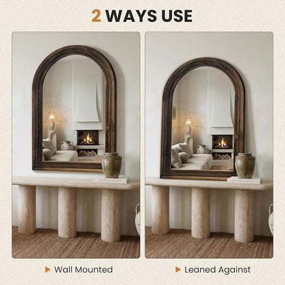 Arched Bathroom Mirror, 40"x28" Brown Wood Frame Wall Mirror | Farmhouse Vintage Vanity Mirror with Layered Frame for Entryway, Living Room, Bedroom