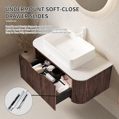 Yayzy 30" Floating Bathroom Vanity with Sink, Solid Wood Fluted Cabinet, White Fluted Square Ceramic Basin & Faux Marble Top, Soft-Close Drawer, Pre-Assembled, Walnut Woodgrain