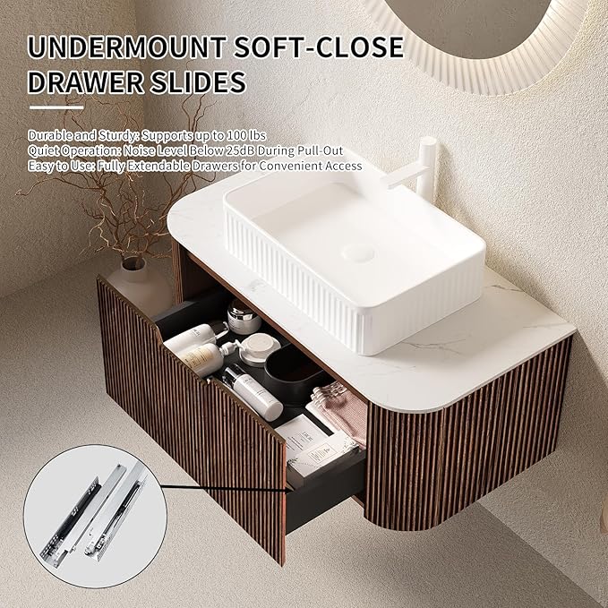 Yayzy 36" Floating Bathroom Vanity with Sink, Solid Wood Fluted Cabinet, White Fluted Square Ceramic Basin & Faux Marble Top, Soft-Close Drawer, Pre-Assembled, Walnut Woodgrain