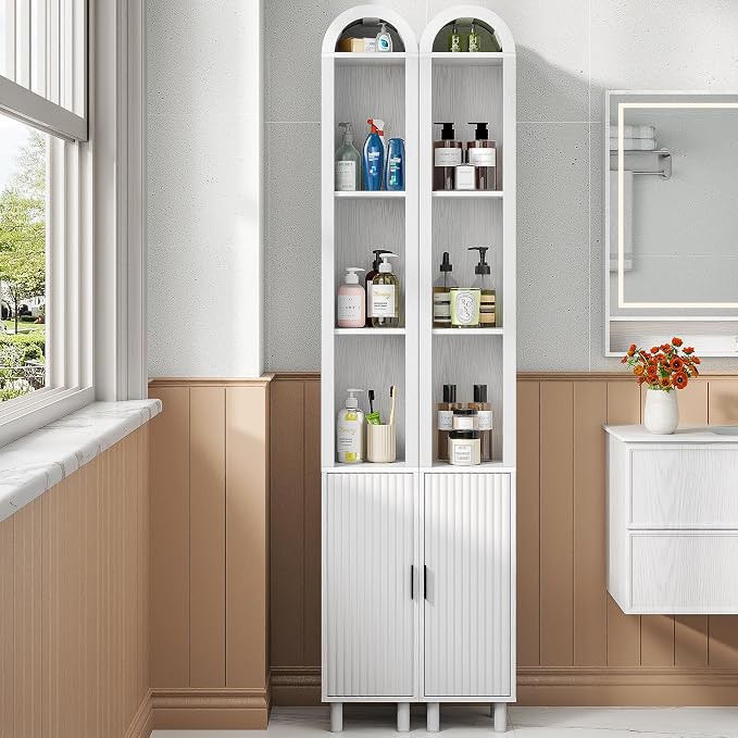 Narrow Bathroom Storage Cabinet Set, Tall Arched Small Wood Cabinet, Slim | Mid Century Modern White Towel Cabinet, Fluted Doors, 4 Tier Shelves, Wooden Display Cabinet for Living Room, Skinny, 2 Pcs