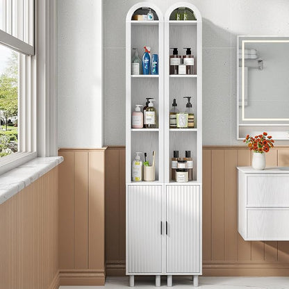 Narrow Bathroom Storage Cabinet, Tall Arched Small Wood Cabinet, Slim | Mid Century Modern White Towel Cabinet, Fluted Doors, 4 Tier Shelves, Wooden Display Cabinet for Living Dining Room, Skinny