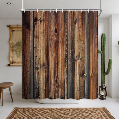 Wooden Board Brown Rustic Shower Curtain, Farmhouse Barn Door Cloth Set for Bathroom, Vintage Countryside Wood Board Fabric Bathroom Decor Curtains, Waterproof Bathroom Sets with Hooks, 72"x72"