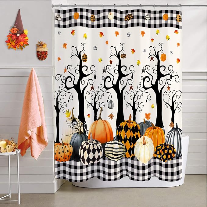 Halloween Shower Curtain Set Pumpkin Tree Leaves Buffalo Plaid Shower Curtains Waterproof Fabric Bath Curtains with 12 Hooks for Fall Halloween Bathroom Decor, 72 x 72 Inches