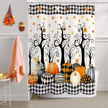 Halloween Shower Curtain Set Pumpkin Tree Leaves Buffalo Plaid Shower Curtains Waterproof Fabric Bath Curtains with 12 Hooks for Fall Halloween Bathroom Decor, 72 x 72 Inches